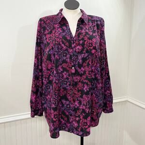 Catherines Size 2X Button Up Top Cross Stitch Floral Print Long Sleeve Career